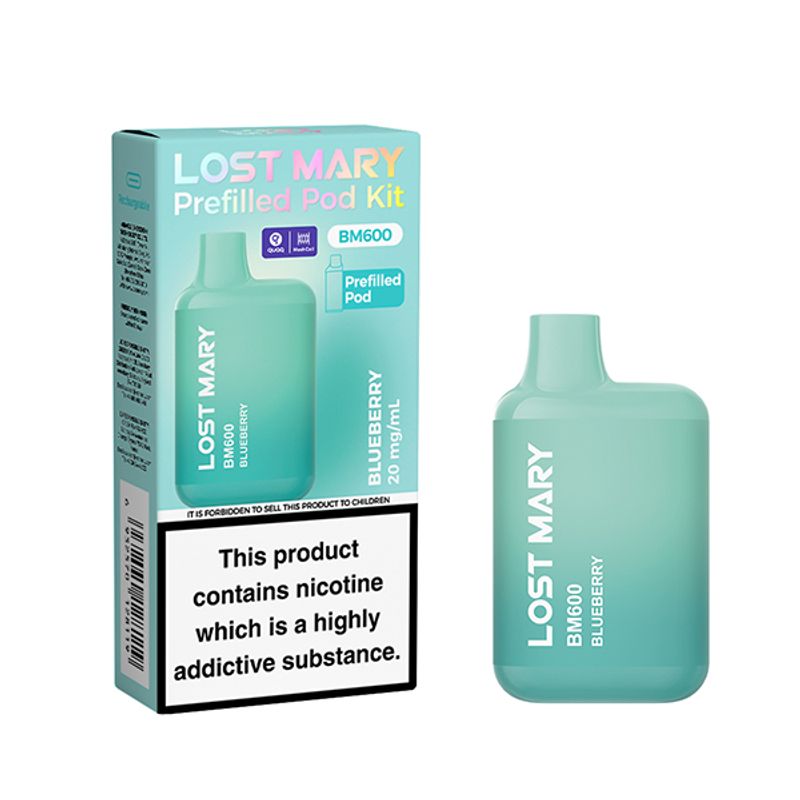 Lost Mary prefilled pod kit with packaging and blue pod on a white zoom distro in UK