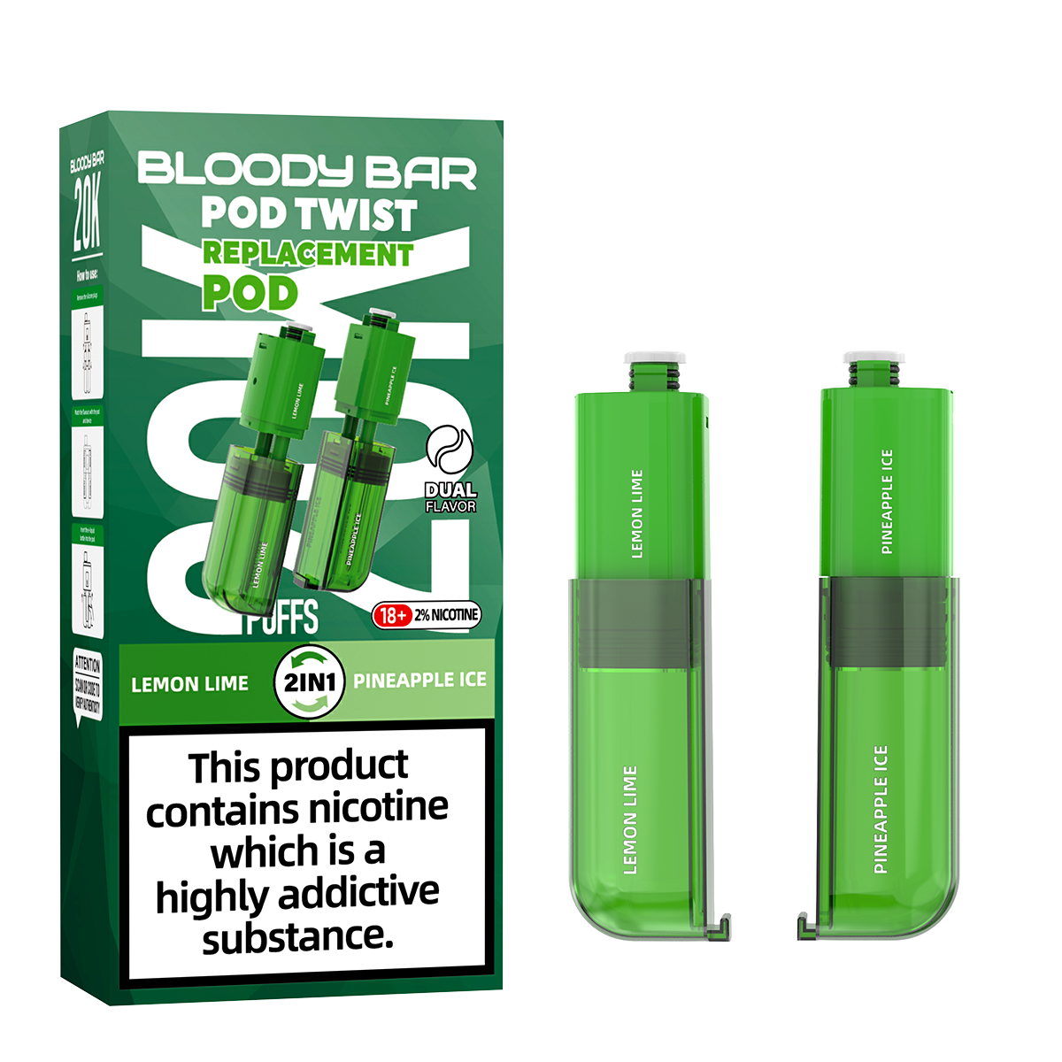 Bloody Bar | Replacement Pods | Lemon Lime/Pineapple Ice | Pod Twist 20K | Pack of 5