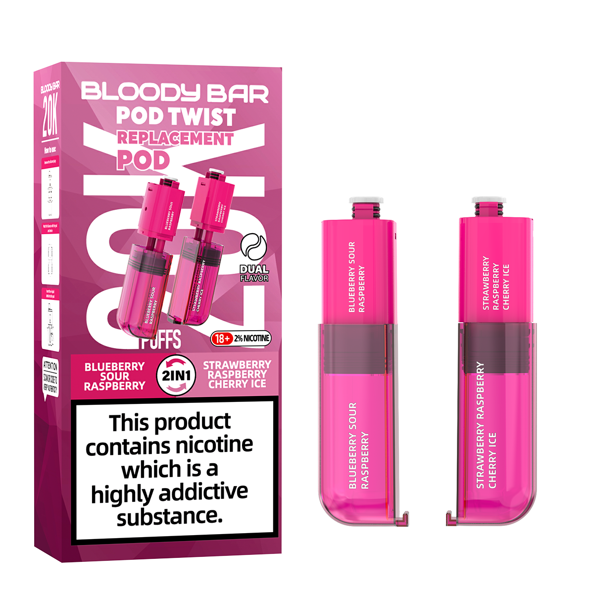 Bloody Bar | Replacement Pods | Blueberry Sour Raspberry/Strawberry Raspberry Cherry Ice | Pod Twist 20K | Pack of 5