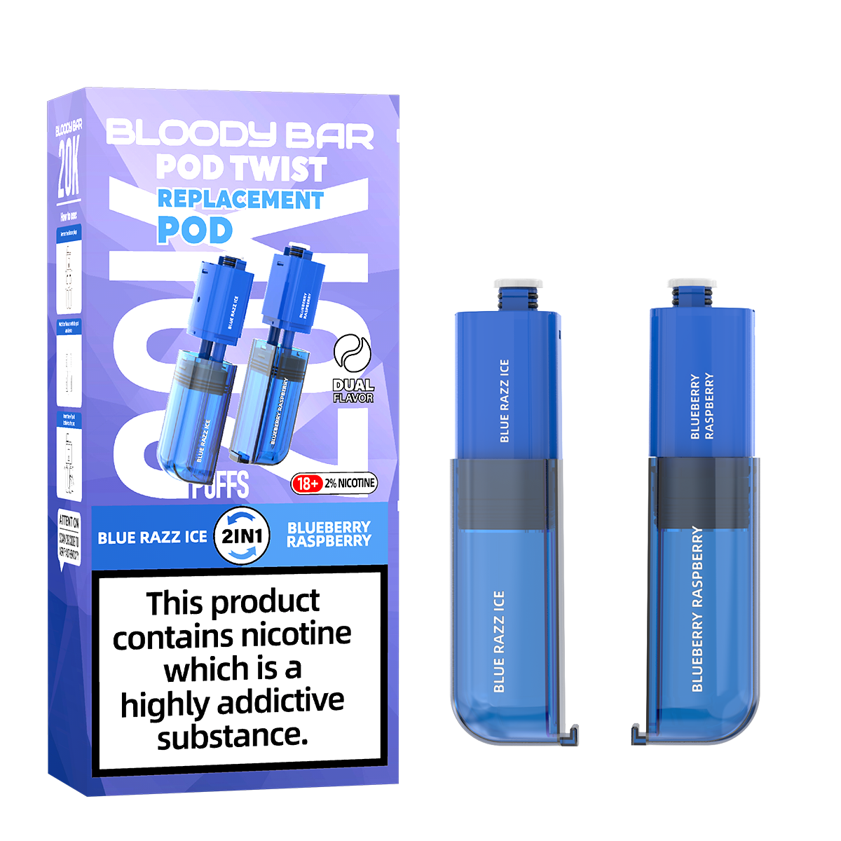 Bloody Bar | Replacement Pods | Blue Razz Ice/Blueberry Raspberry | Pod Twist 20K | Pack of 5