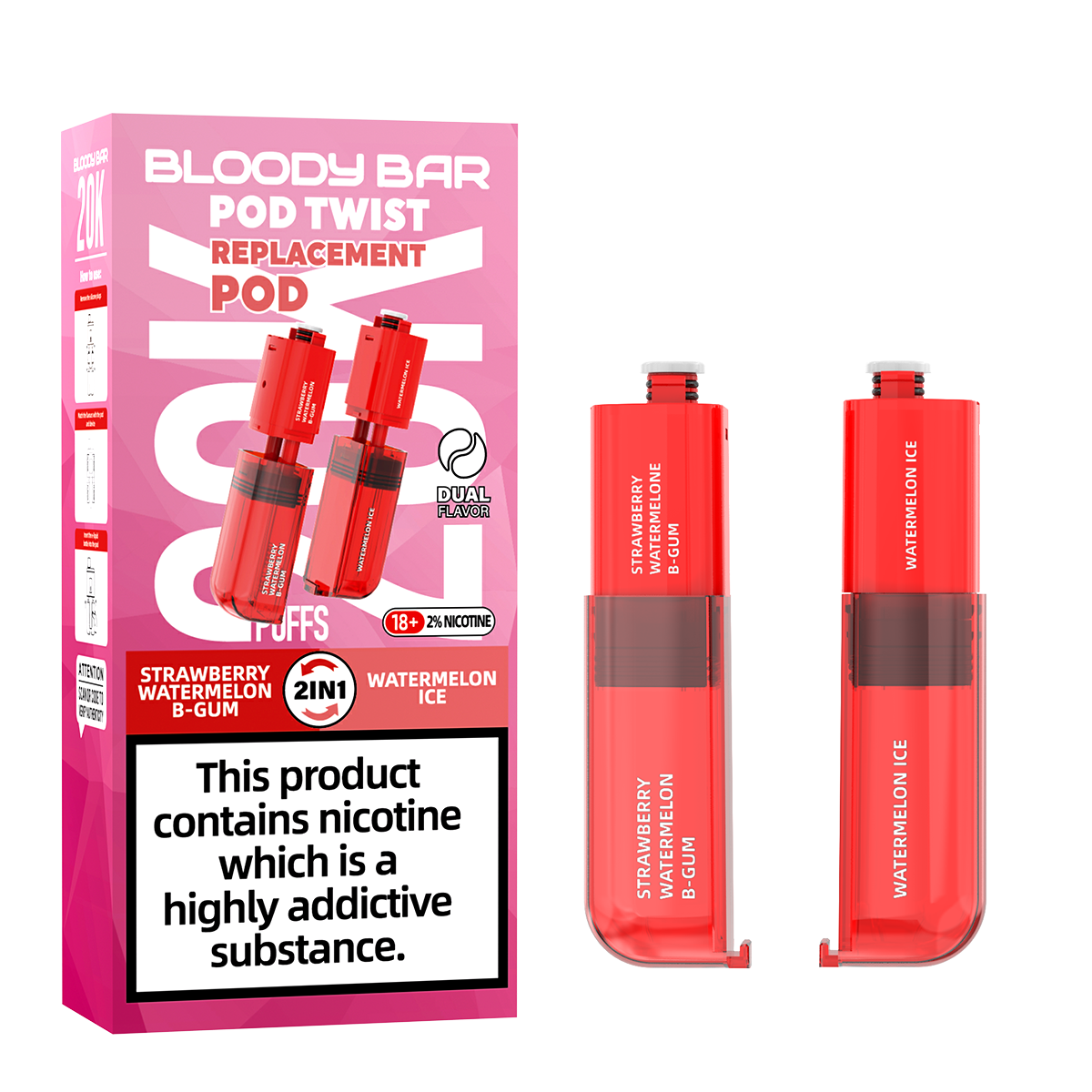 Bloody Bar | Replacement Pods | Strawberry Watermelon Bubblegum/Watermelon Ice | Pod Twist 20K | Pack of 5