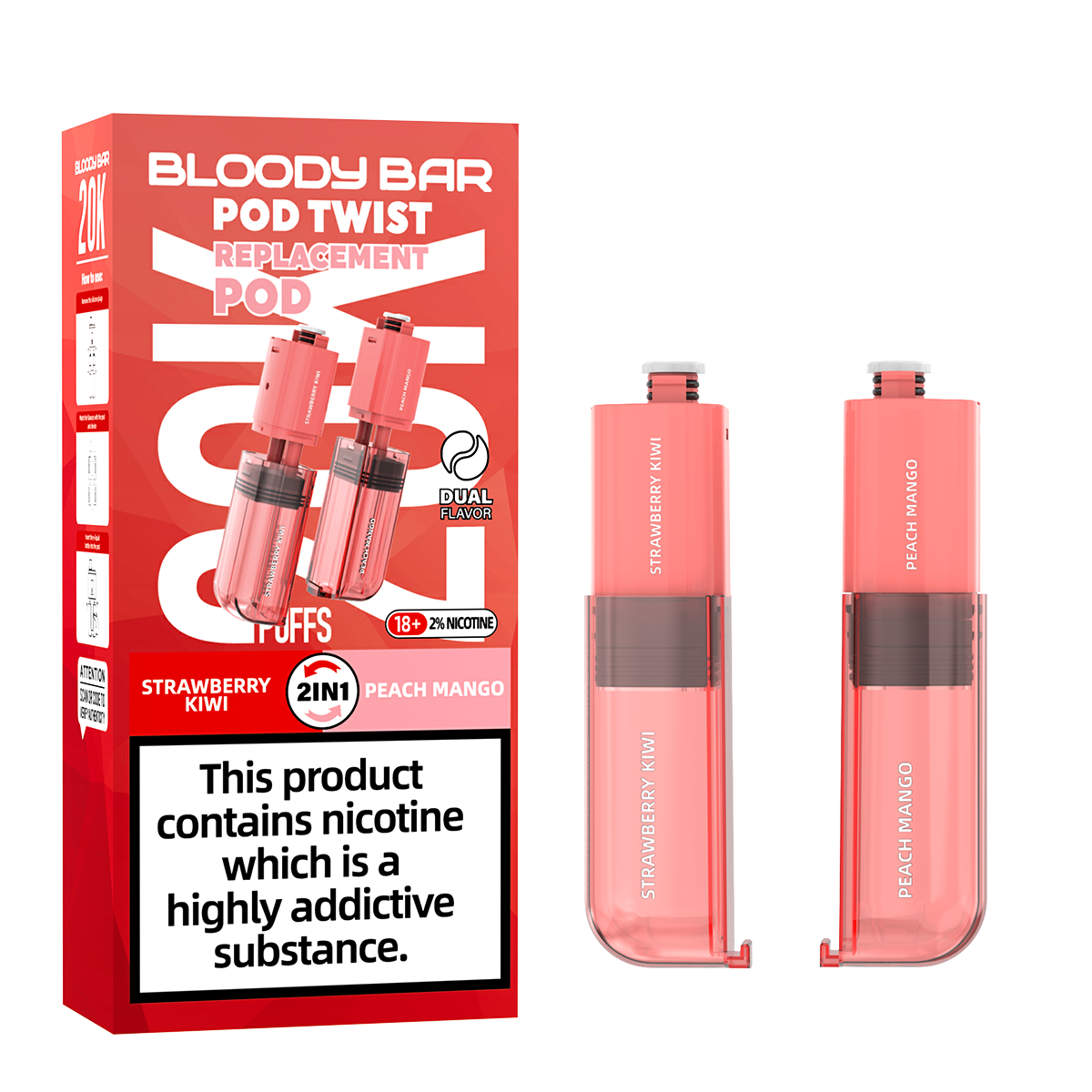 Bloody Bar | Replacement Pods | Strawberry Kiwi/Peach Mango | Pod Twist 20K | Pack of 5