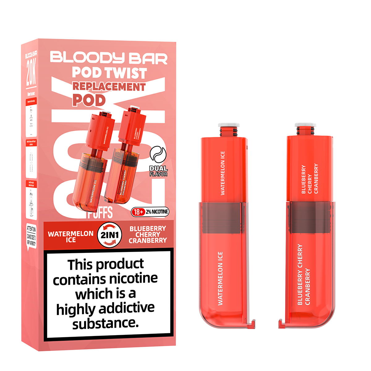 Bloody Bar | Replacement Pods | Watermelon Ice/Blueberry Cherry Cranberry | Pod Twist 20K | Pack of 5